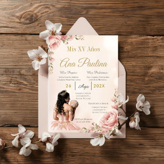 Spansk rosenskär blomster-quinceanera inbjudningar