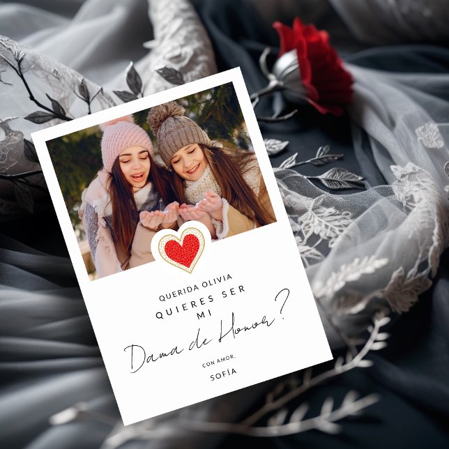 Spansk rött hjärta Photo Dama de Honor Quinceañera Inbjudningar (Spanish Fancy Cute Photo Dama de Honor Quinceañera Red Heart Proposal Card. )