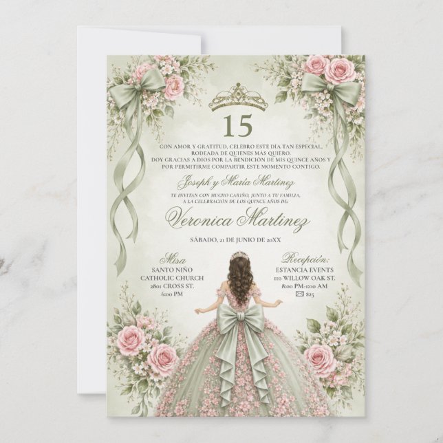 Spansk Sage Rosa Elegant Blommig 15-årsdag  Inbjudningar (Framsida)