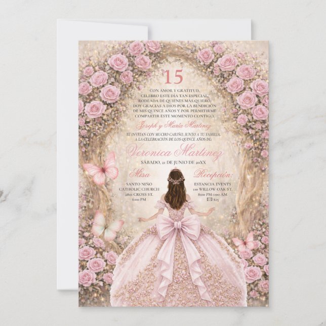 Spansk skog Rosa & Guld Fjäril Sweet 15 År Inbjudningar (Framsida)