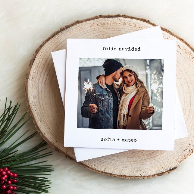 Spansk skrivmaskin | Feliz Navidad julfoto Julkort (An elegant and stylish, black and white Spanish Christmas card with your photo)