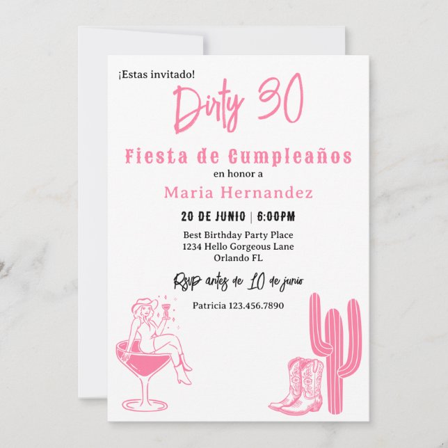 Spansk Smutsiga 30 Western Fiesta 30-årsfirande Inbjudningar (Framsida)