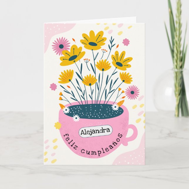 Spansk Söt Rosa Kaffemugg Krukväxt Födelsedag Kort (Framsida)