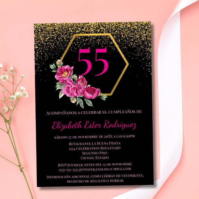 Spansk Stilfull Svart & Guld Rosa 55-årsdag Inbjudningar (Skapare uppladdad)