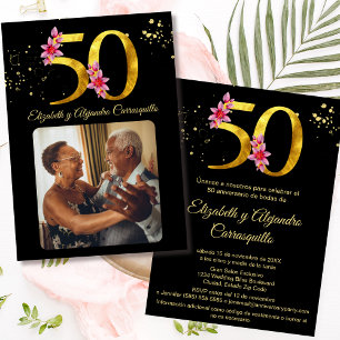 Spansk Svart Guld Foto Blommig 50-årsjubileum Inbjudningar