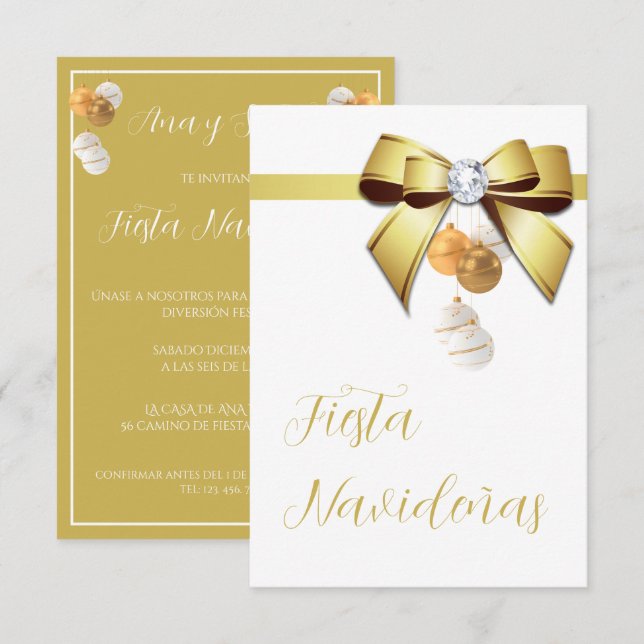Spansk text prydnader & ädelstensslinga julfest inbjudningar (Fram/baksida)