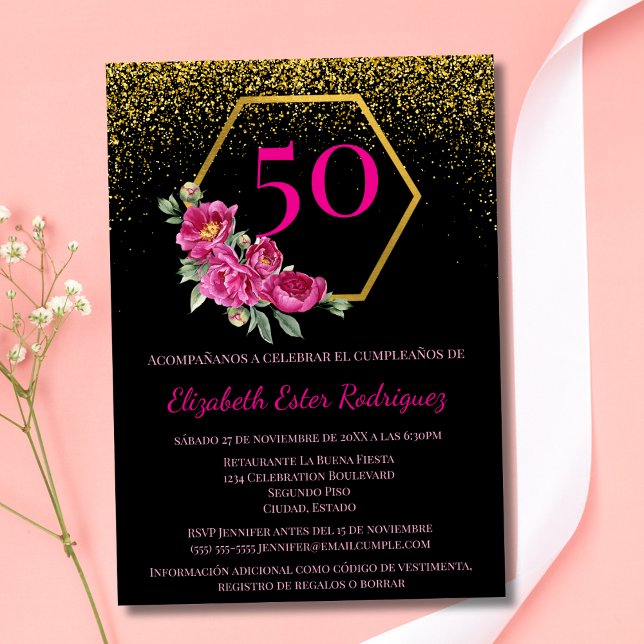 Spansk Trendig Chic Svart Guld Rosa 50-årsdag Inbjudningar (Skapare uppladdad)