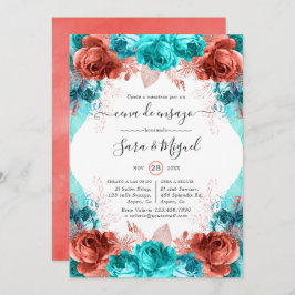 Spansk turkos och koral Blommigt Rehearsal Middag Inbjudningar