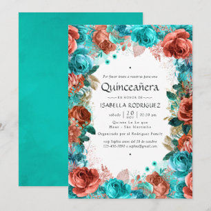 Spansk turkos och korall blomsterglädje Quinceañer Inbjudningar