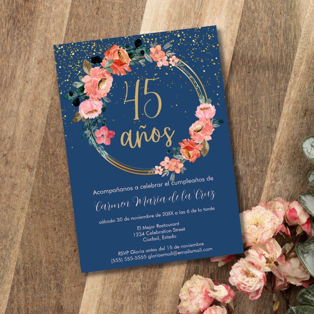 Spansk Vacker Chic Blommig 45-års Födelsedagsfest Inbjudningar (Skapare uppladdad)
