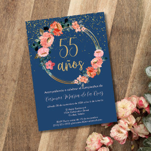 Spansk vacker guldf floral 55-års födelsedagsfest inbjudningar