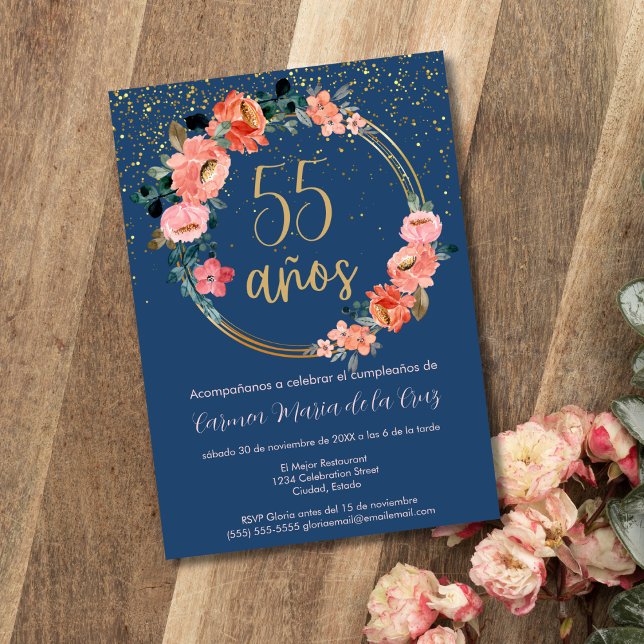 Spansk vacker guldf floral 55-års födelsedagsfest inbjudningar (Skapare uppladdad)