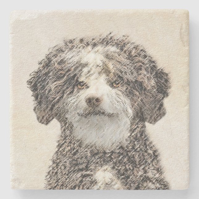 Spansk Vattenhund-målning - Söt Original Hundkonst Stenunderlägg (Framsidan)