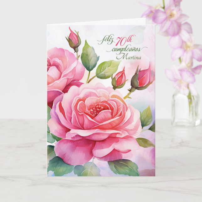 Spanska 70-årsdag Rosa Rosor med Namn Kort (Orkide)