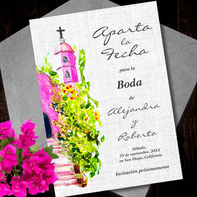 Spanska, Akvarell Rosa Kapell Bröllop Spara Datum Inbjudningar (Skapare uppladdad)