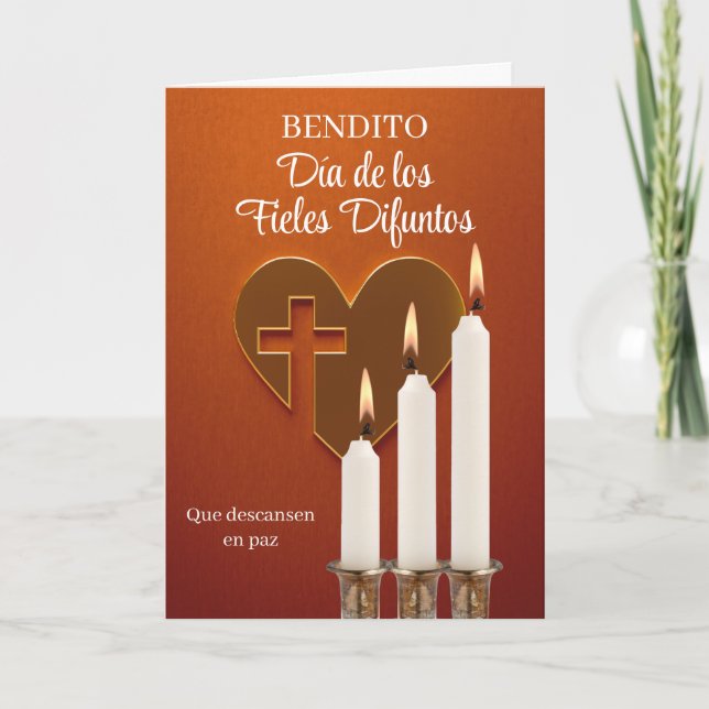 Spanska alla själsdagar Heart Kor och Lit Candles Kort (Framsida)