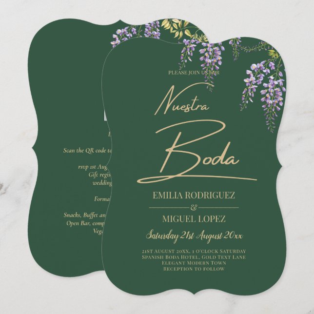 Spanska allt-i1 WISTERIA Guld-Grönten BODA Invi Inbjudningar (Fram/baksida)