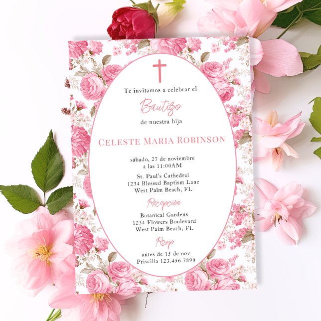 Spanska Antika Rosa Rosor Blommig Dopceremoni Inbjudningar (Skapare uppladdad)