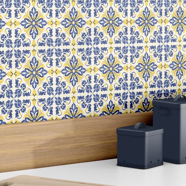 Spanska Azulejo Modern Elegant Blue-Gulten Kakelplatta (Spanish Azulejo Modern Elegant Blue Yellow Ceramic Tile)