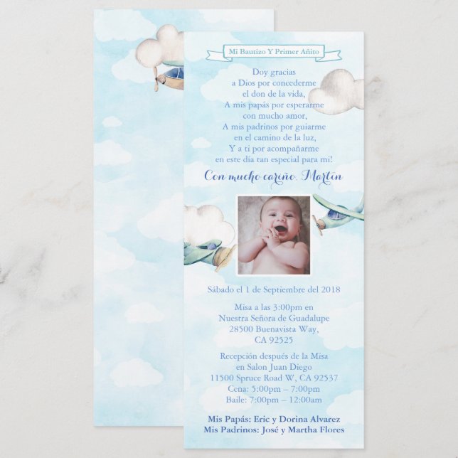 Spanska Bautizo 1er Año Baptism 1:a födeldagen Par Inbjudningar (Fram/baksida)