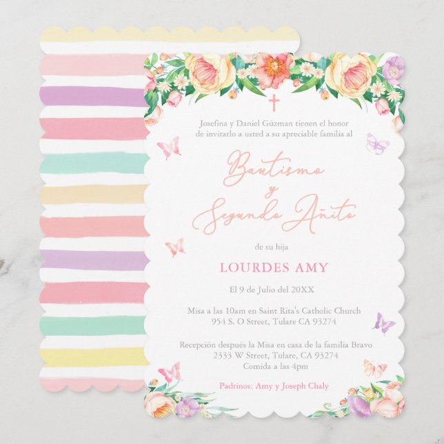 Spanska Bautizo 2 Do Cumple, Baptism 2:a födelseda Inbjudningar (Fram/baksida)