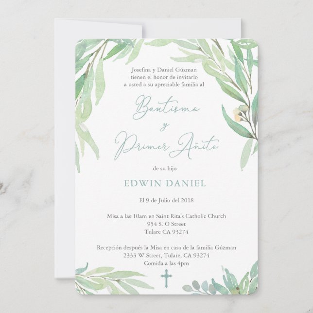Spanska Bautizo Boy Baptism och första födelsedag Inbjudningar (Framsida)