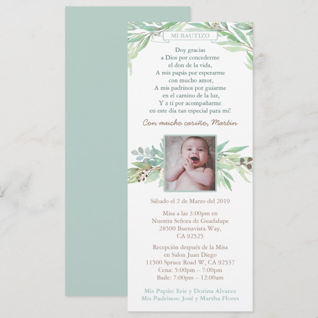 Spanska Bautizo for Boy, Vår Lövs Greenery Inbjudningar (Fram/baksida)