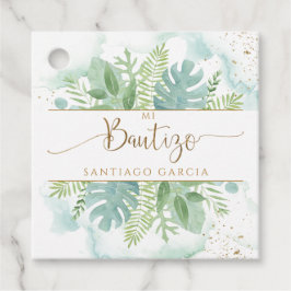 Spanska, Bautizo Greenery & Blue Grönt Watercolor Gåvor Etiketter