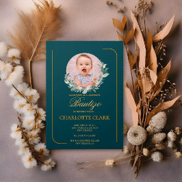 Spanska Bautizo Photo Greenery Elegant Guld Inbjudningar