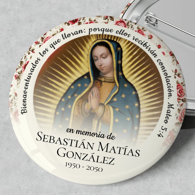 Spanska begravningsviruset i Guadalupe Knapp (Virgen de Guadalupe, Our Lady of Guadalupe, funeral keepsake, funeral badge, In Loving Memory)