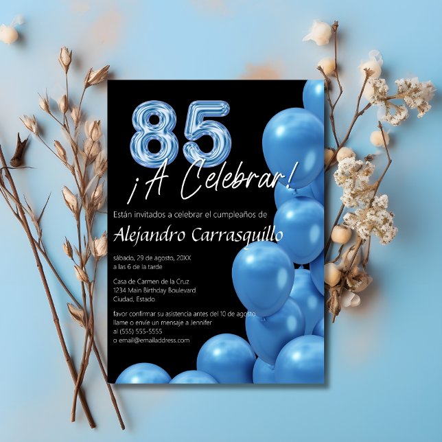 Spanska blå ballonger Sleek Black 85:e födelsedage Inbjudningar (Skapare uppladdad)