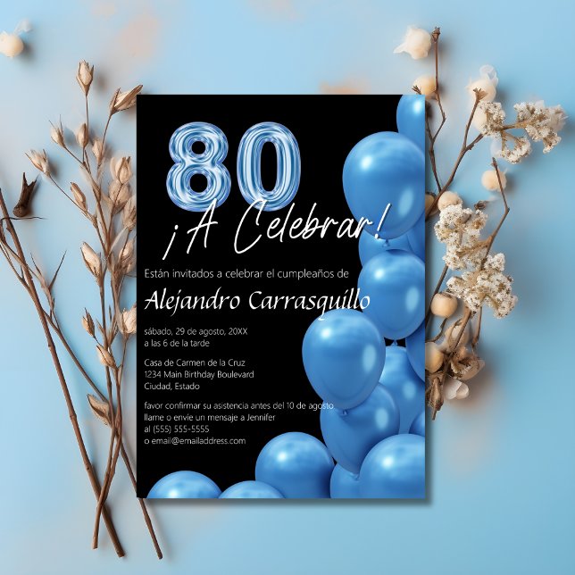 Spanska Blå Rolliga Ballonger Svart 80-årsdag Inbjudningar (Skapare uppladdad)