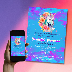 Spanska Blommigten Unicorn Födelsedagsfest for Gir Inbjudningar