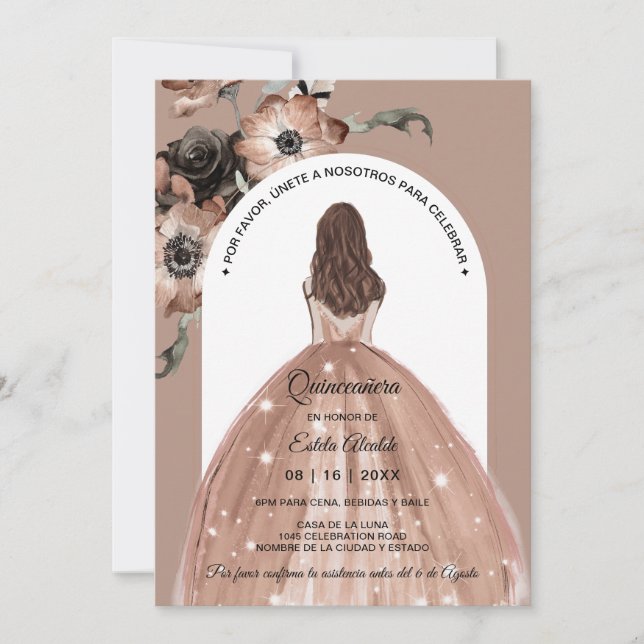 Spanska Boho Arch Rosa Blommigt Quinceañera Inbjudningar (Framsida)