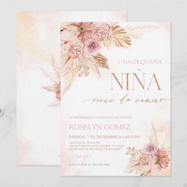 Spanska Boho Baby Shower Inbjudan Pampas Grass The (Fram/baksida)