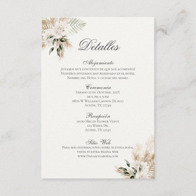 Spanska Boho Bröllop Detalles de la Boda Tilläggskort (Framsida)