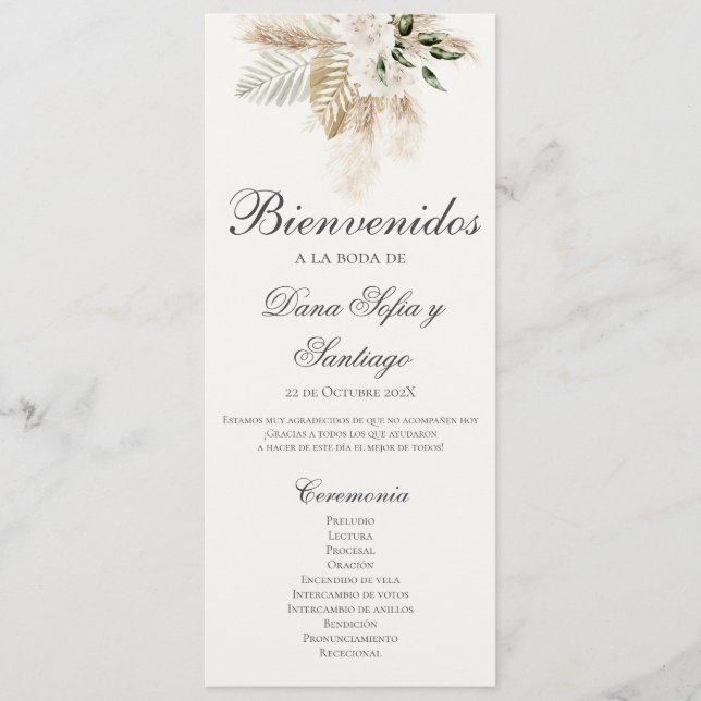 Spanska Boho-Bröllopsprogrammet Program (Framsida)