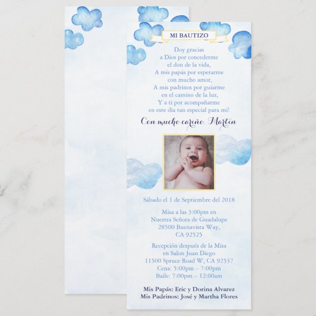 Spanska Boy Bautizo Baptism Inbjudan med moln (Fram/baksida)