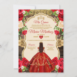Spanska Bright Red Blommigt Rustic Wood Quiñceaner Inbjudningar