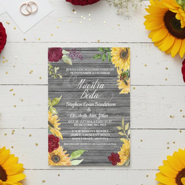Spanska Bröllop Burgundy Solros Nuestra Boda Inbjudningar (Skapare uppladdad)