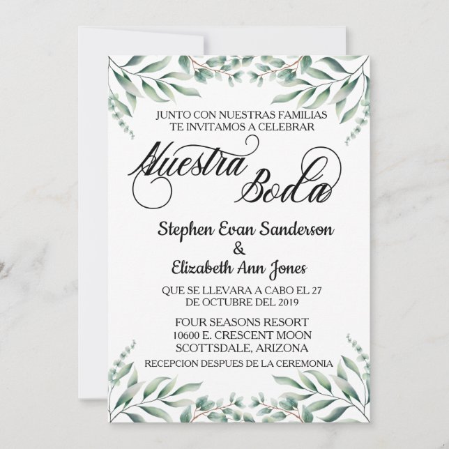Spanska Bröllop Eucalyptus Lövs Nuestra Boda Inbjudningar (Framsida)