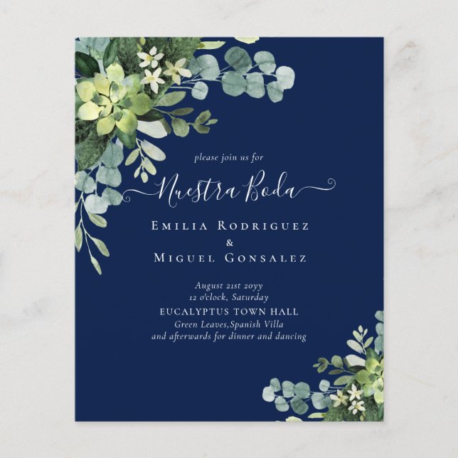 Spanska Bröllop NUESTRA BODA Eucalyptus Greenery Flygblad (Framsidan)