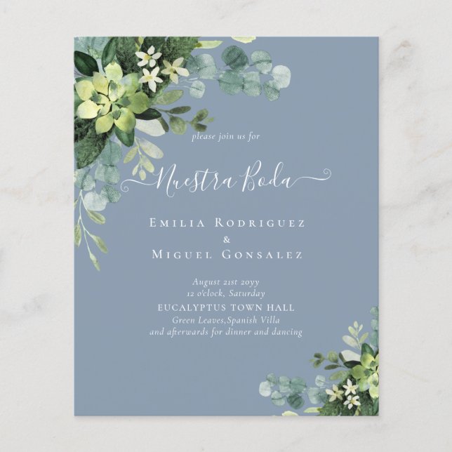 Spanska Bröllop NUESTRA BODA Eucalyptus Greenery Flygblad (Framsidan)