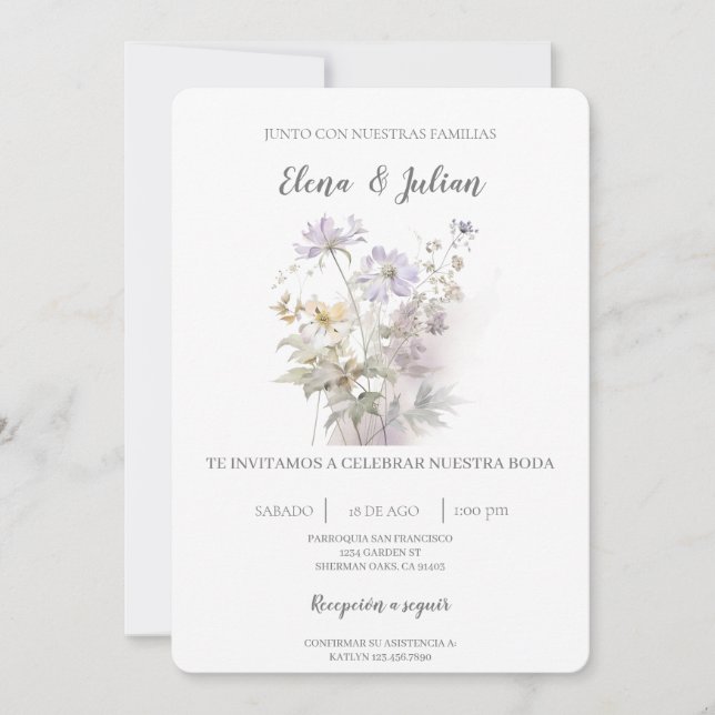 Spanska bröllopsinbjudan till Lavender Blommigt Inbjudningar (Framsida)