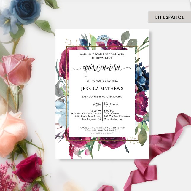 Spanska burgundy, blå Blommigt Quinceañera Inbjudningar (Skapare uppladdad)