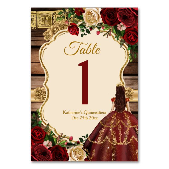 Spanska burgundy-Blommigten Rustic Wood Mis Quince Bordsnummer (Framsidan)