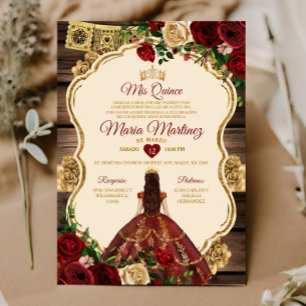 Spanska burgundy-Blommigten Rustic Wood Mis Quince Inbjudningar