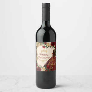 Spanska burgundy-Blommigten Rustic Wood Mis Quince Vinflaska Etikett