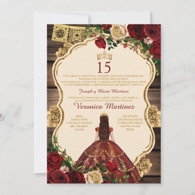 Spanska burgundy Princess Blommigt Wood 15 Años Inbjudningar (Framsida)