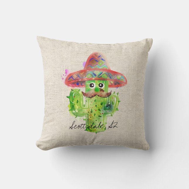 Spanska Cactus Mustache Hat Fiesta Text Artisan Kudde (Framsida)